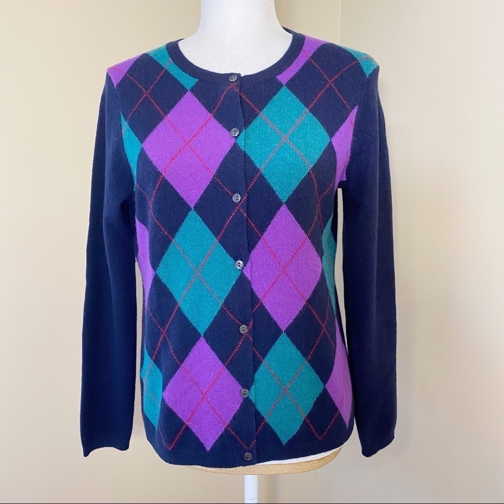 Lands’ End 100% Cashmere Argyle Cardigan - Small